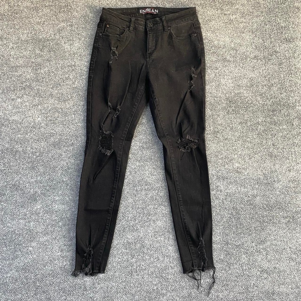 ENJEAN BLACK DENIM DISTRESSED SKINNY JEANS Y2K GRUNGE ALT SCENE DARK ACADEMIA